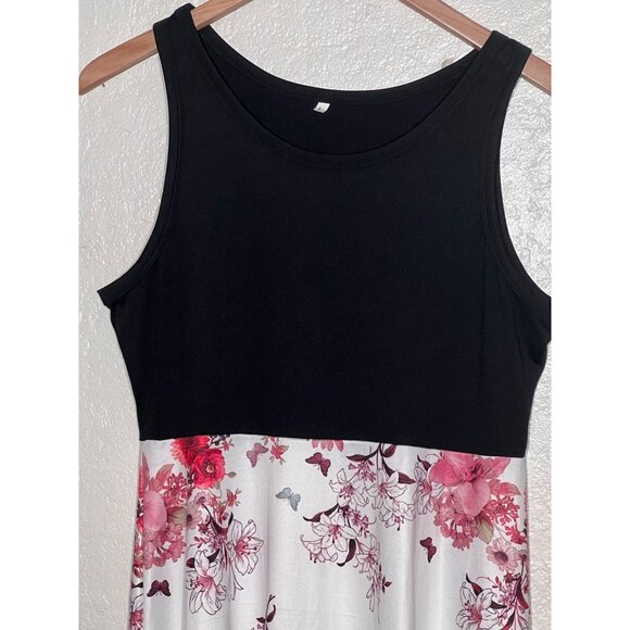 Sleeveless Black & Floral Butterfly Print Stretch Summer Lightweight Dress Large - Picture 5 of 12